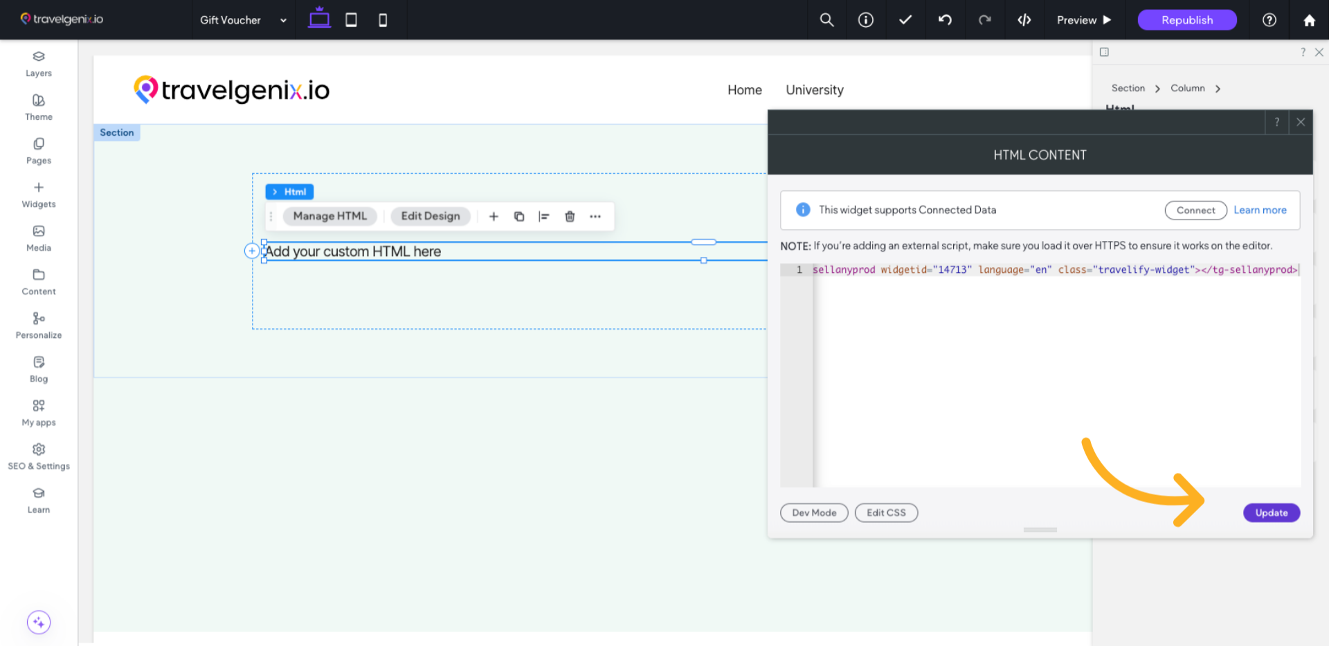 Click Update to save the newly added widget