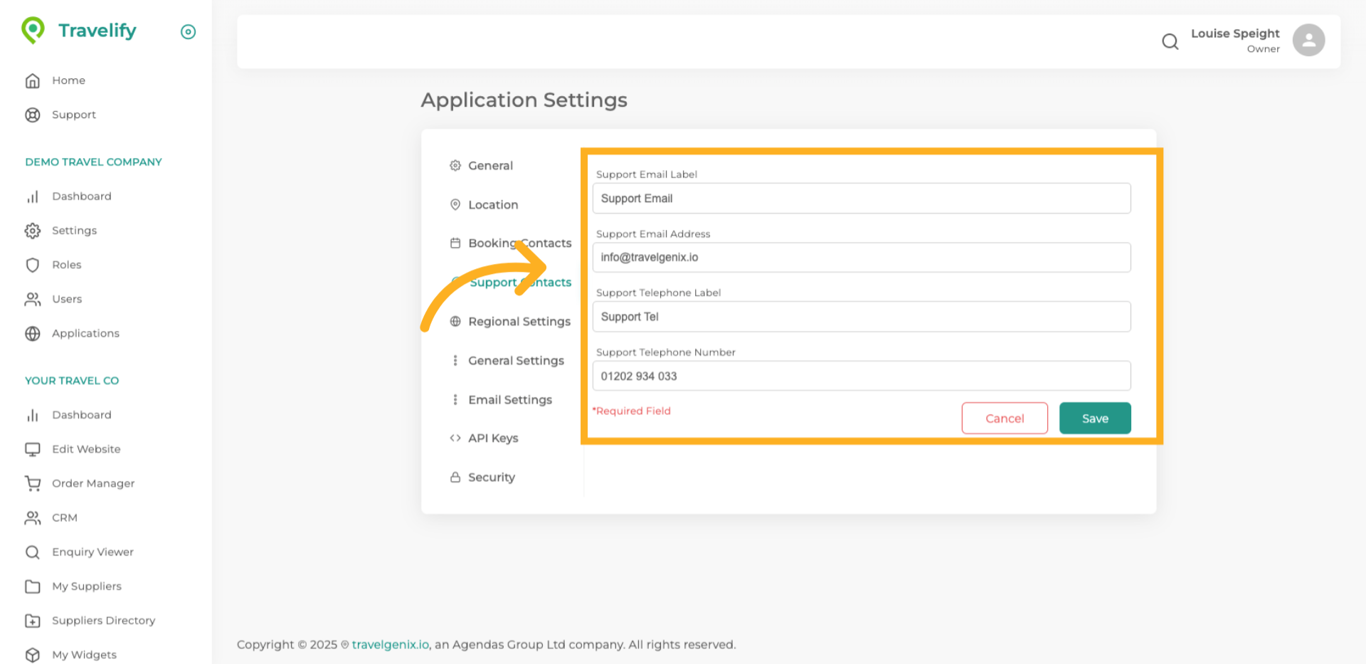 Open Support Contacts Settings