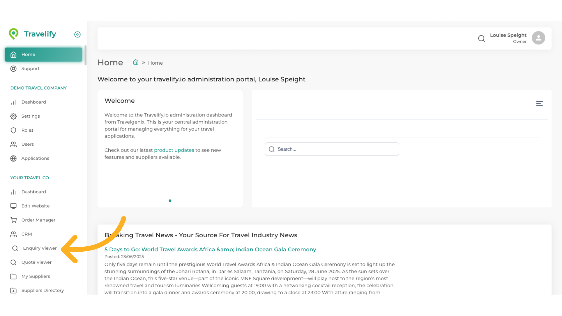If we now click on the Enquiry Viewer we can see how it appears in Travelify