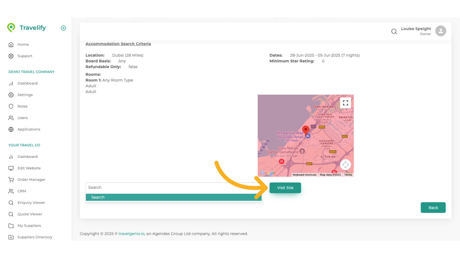 Click Visit site to see customer search