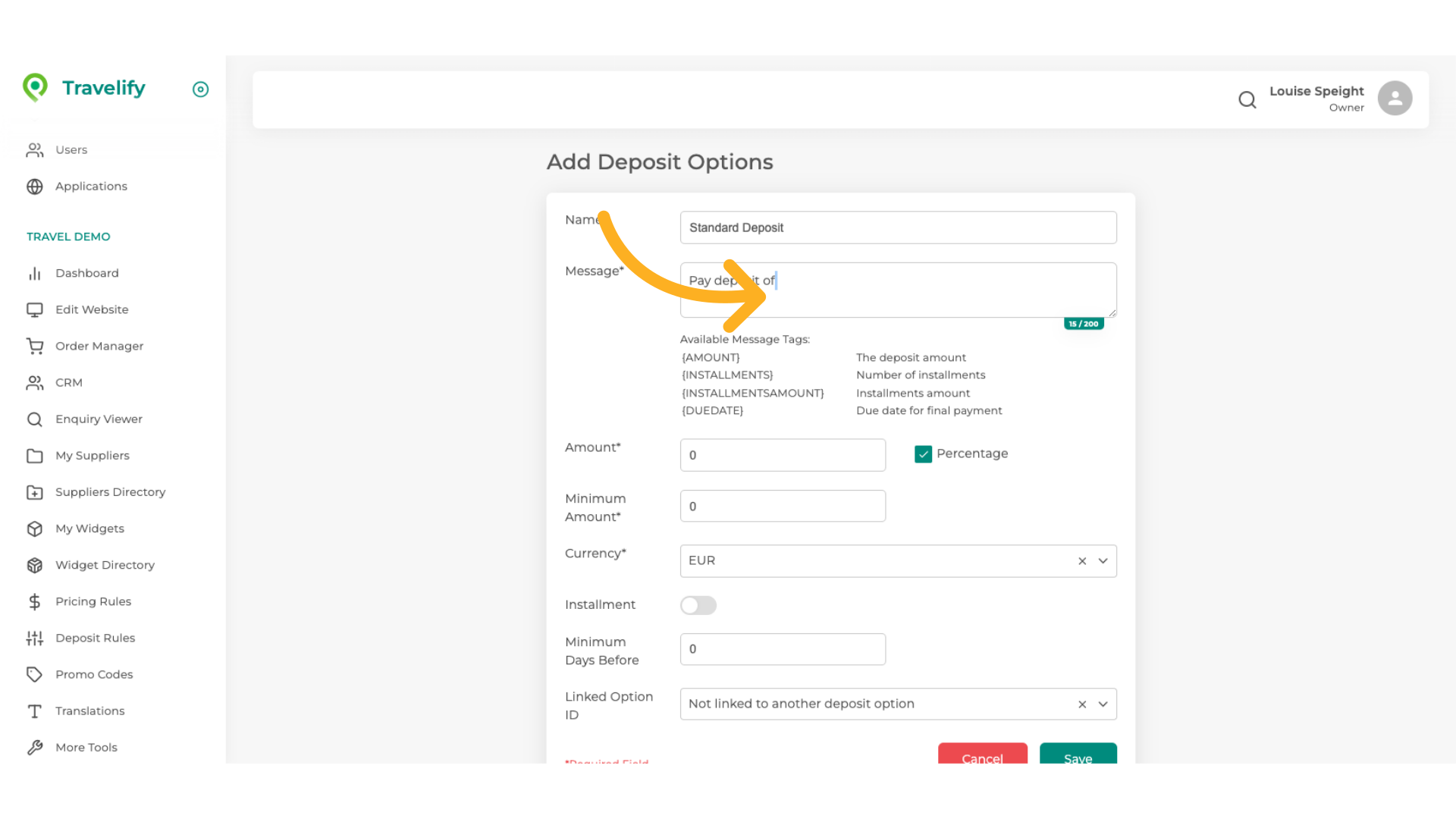 Click next to 'Pay deposit of '