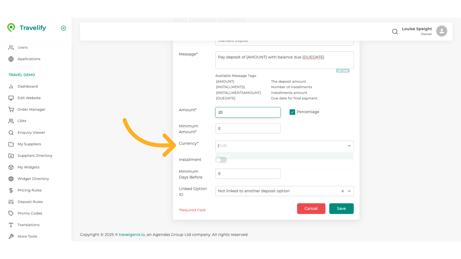 Here you can change the currency if you wish