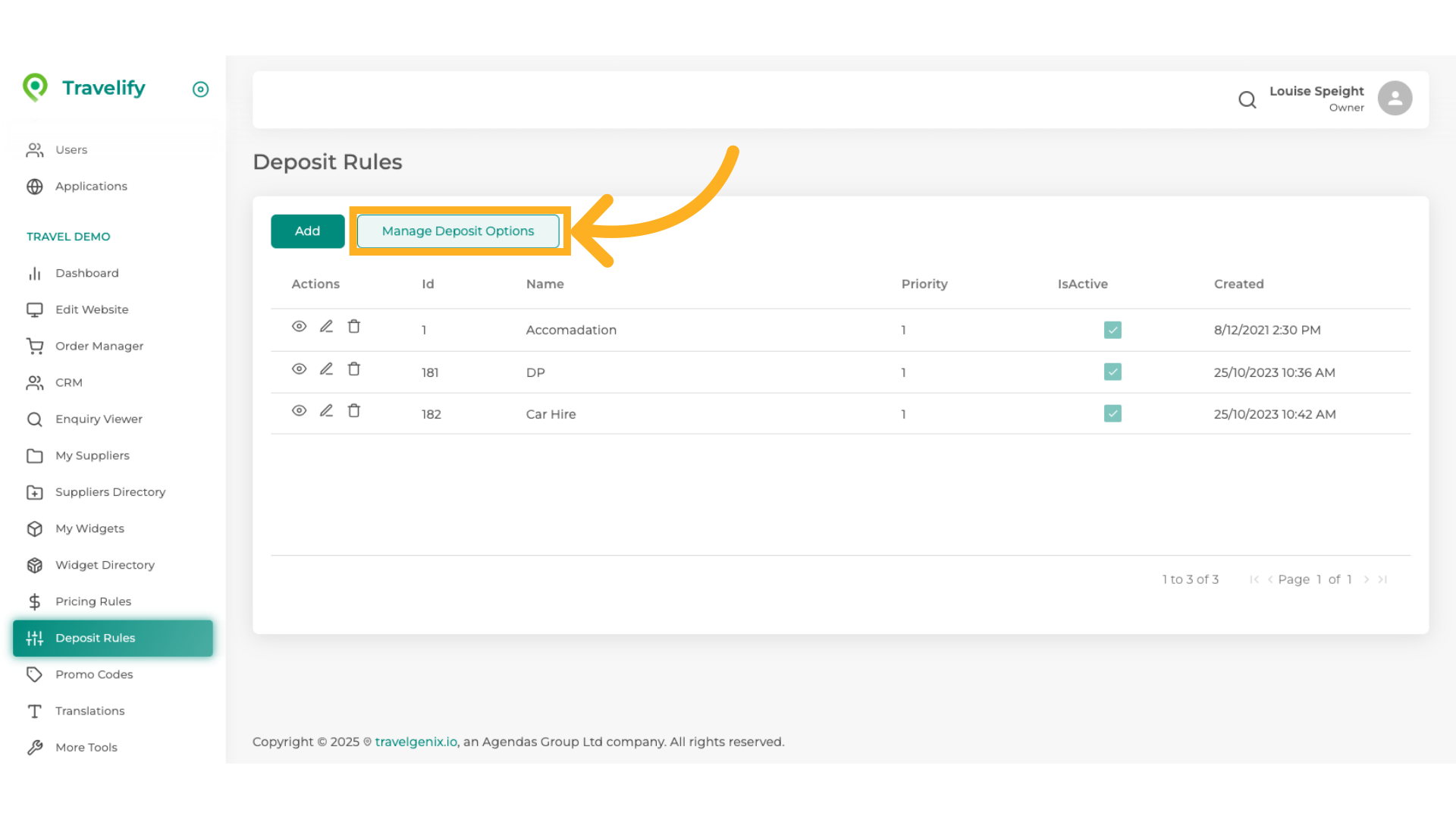 Setting up a Deposit Rule is a two stage process, so first click on Manage Deposit Options
