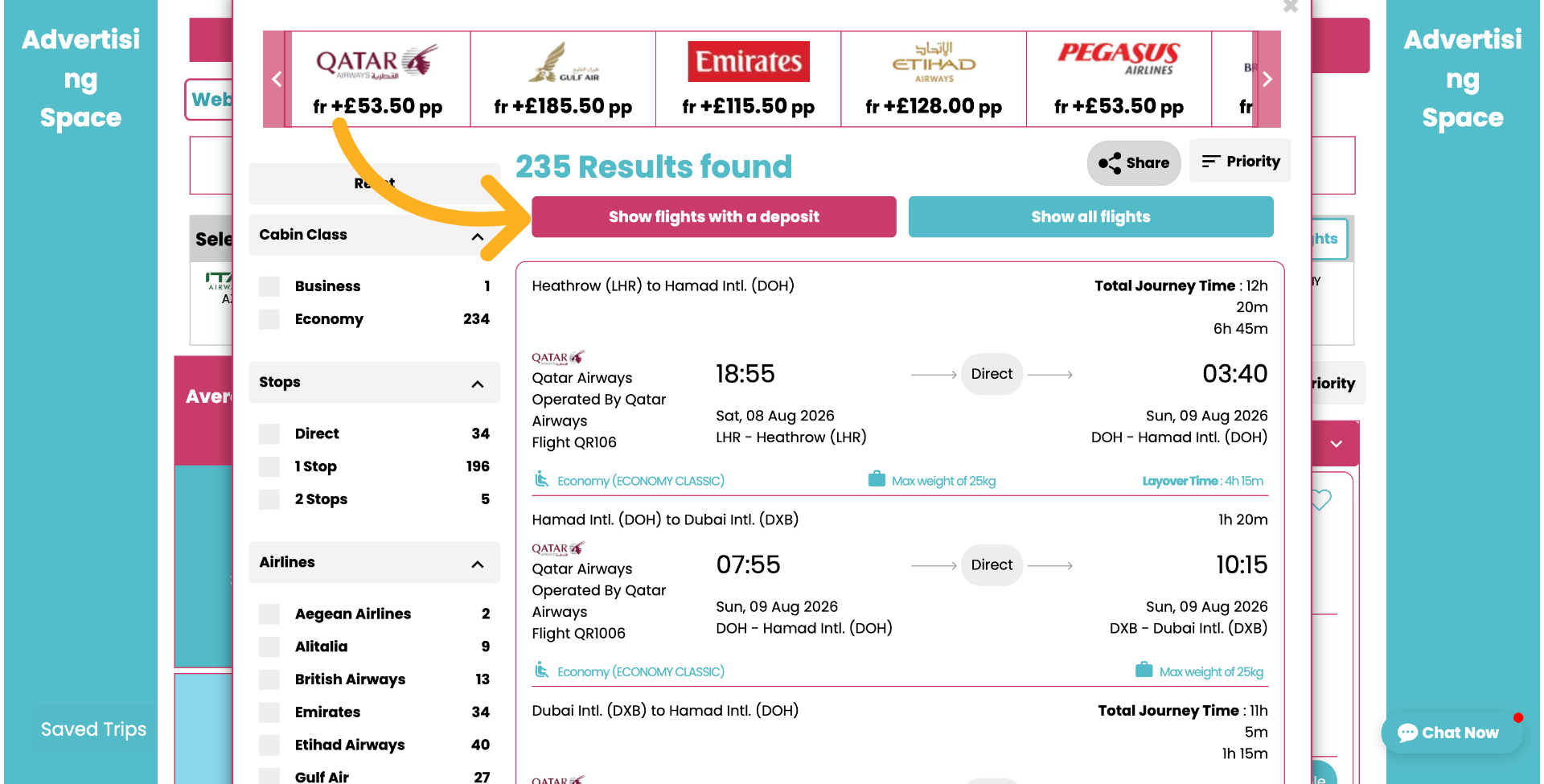 To ensure only flights with an available deposit are displayed...