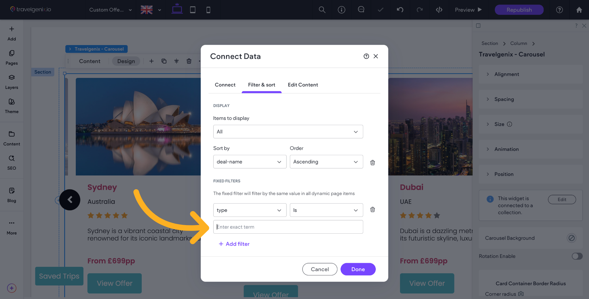 Within this box we will enter the Type we added in Travelify