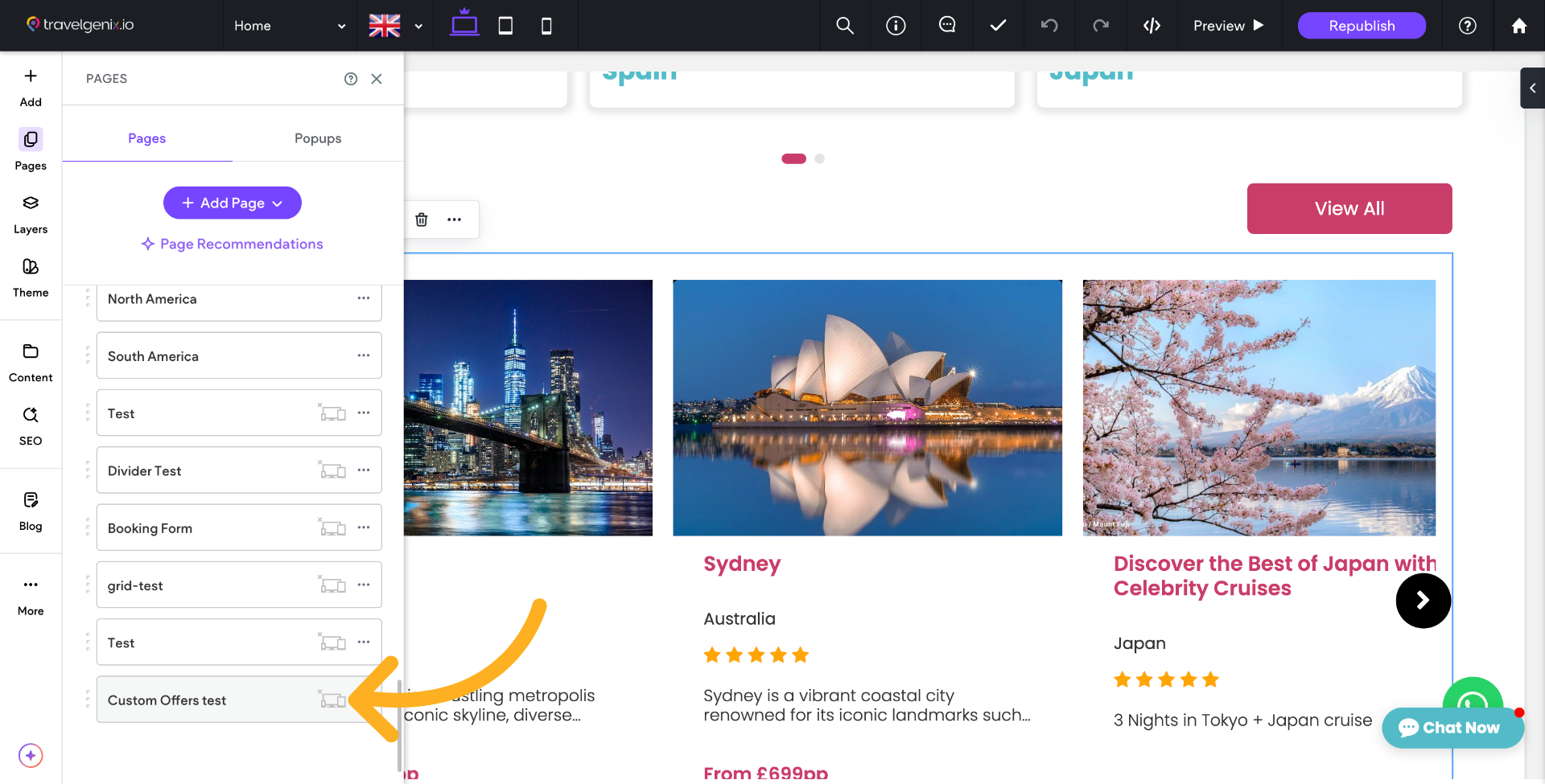 Choose the page to add the new offers