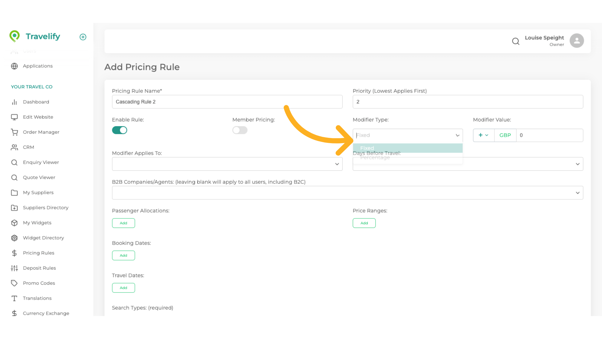 Click here to select either Fixed or Percentage