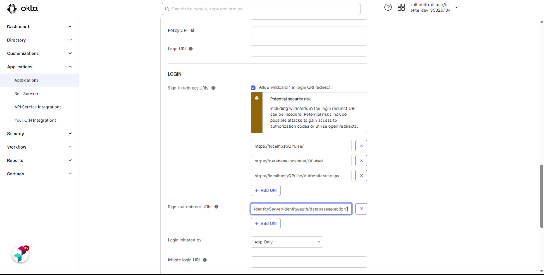 Fill in QPulse application sign out redirect URI. Replace value where necessary.
e.g.: 'https://{domainName}/QPulseIdentityServer/identity/auth/databaseselection?langCd={langCode}