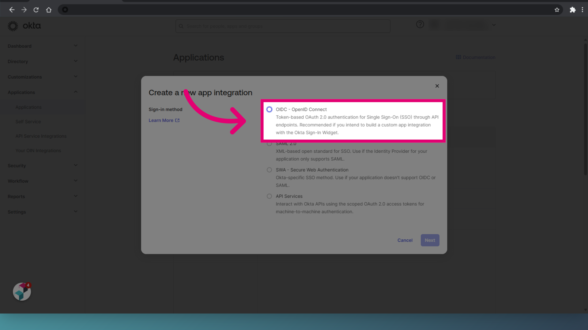 Enable 'OIDC - OpenID ConnectToken-based OAuth 2.0 authentication for Single Sign-On (SSO) through API endpoints. Recommended if you intend to build a custom app integration with the Okta Sign-In Widget.'