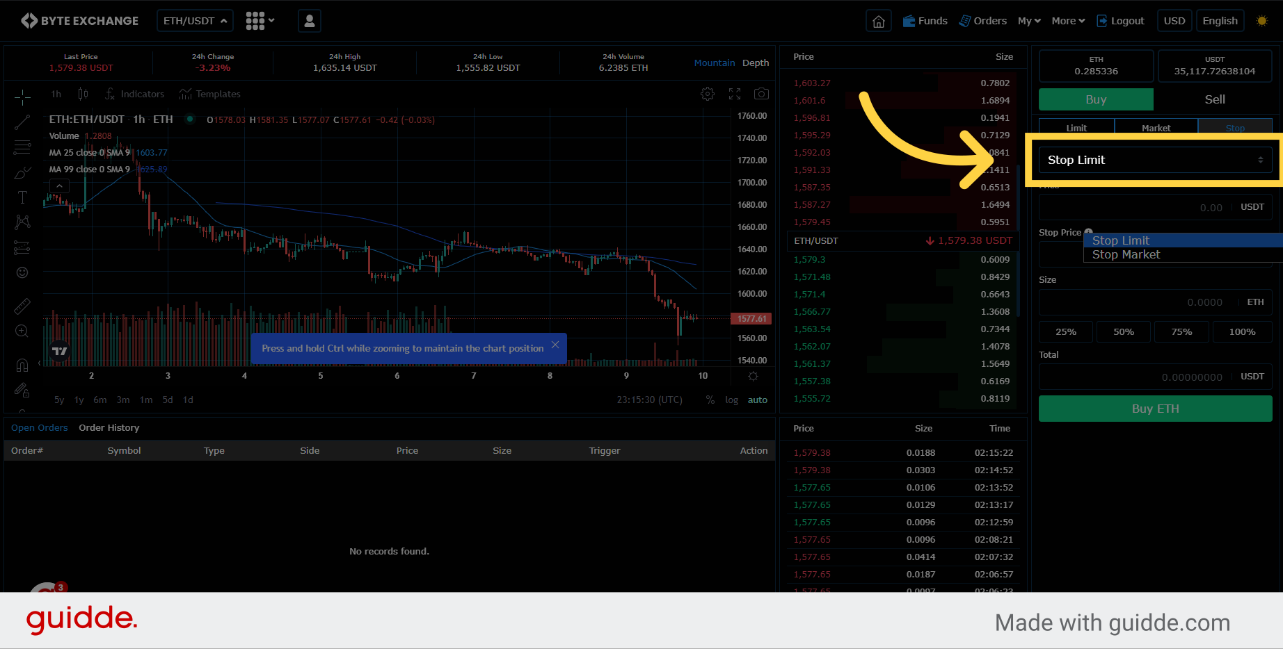 Select 'Stop Limit' or 'Stop Market'