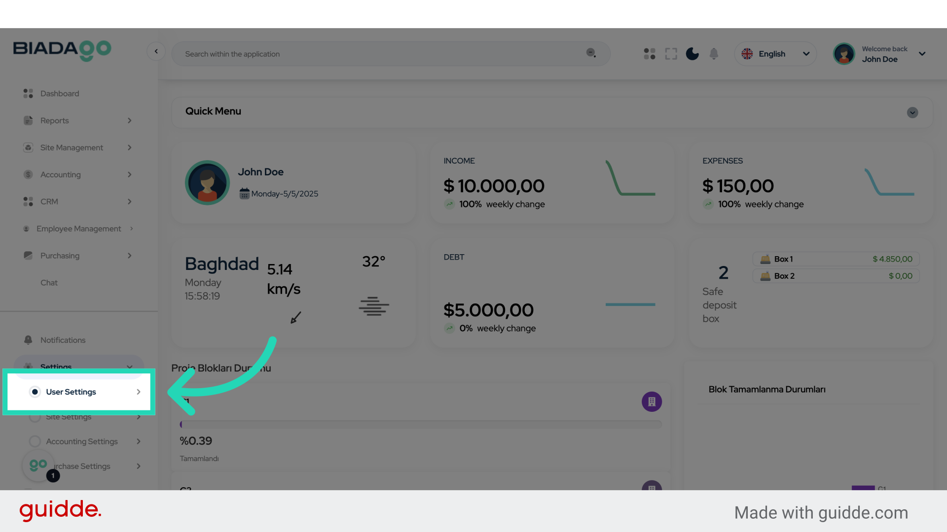 Click 'User Settings'