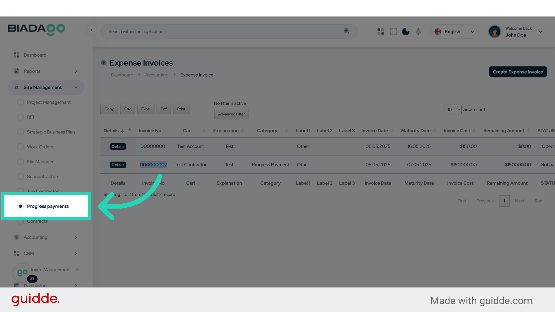 Click 'Progress payments'