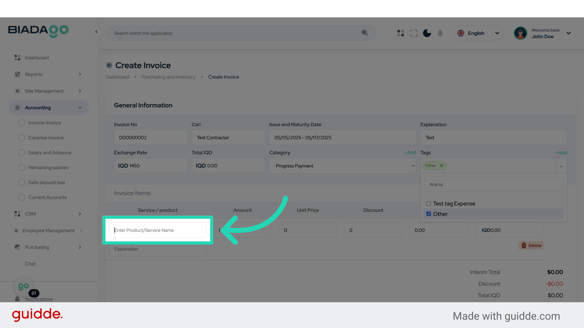 Click 'Enter Product/Service Name'