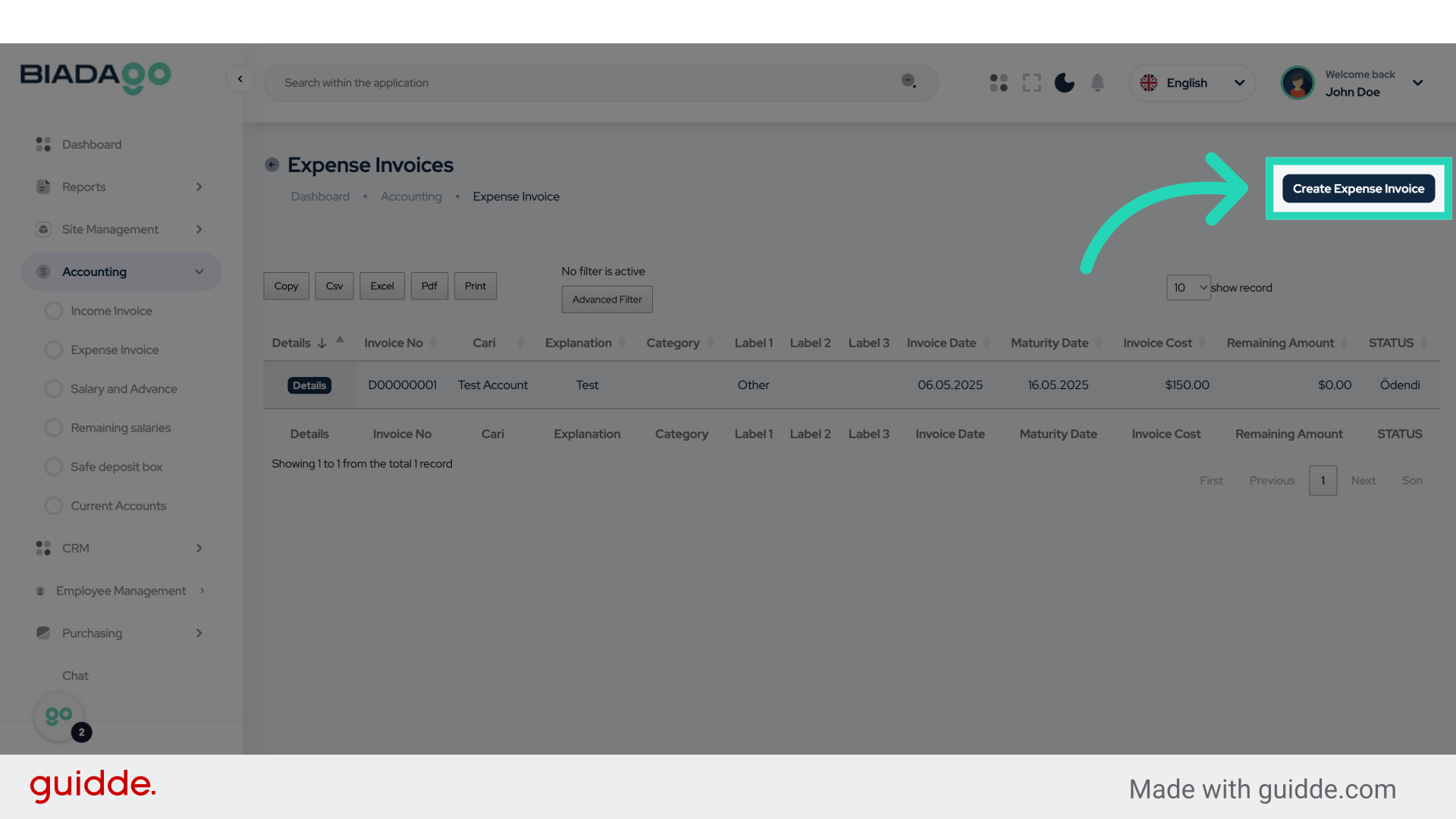 Click 'Create Expense Invoice'