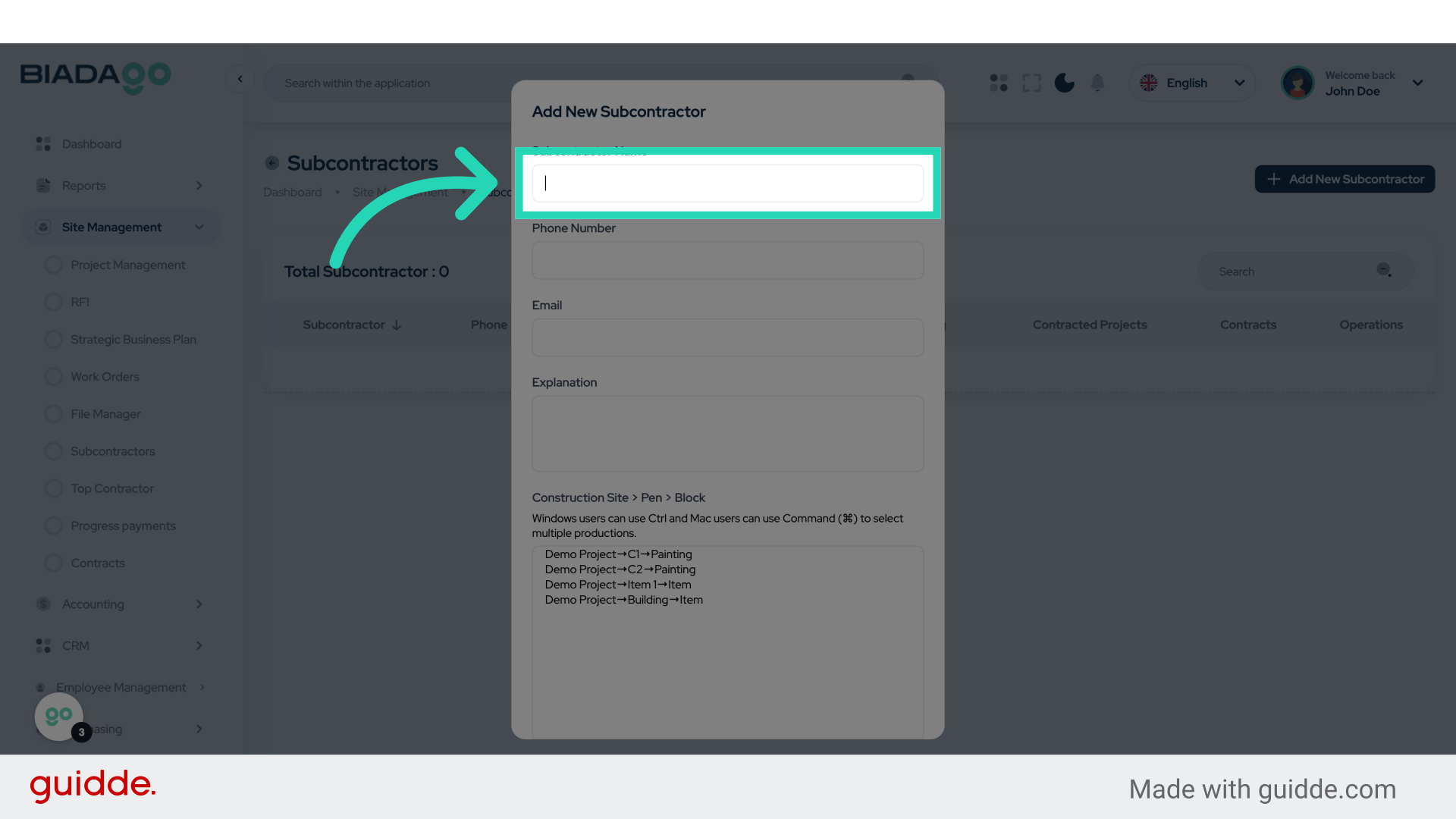 Click 'Subcontractor Name'