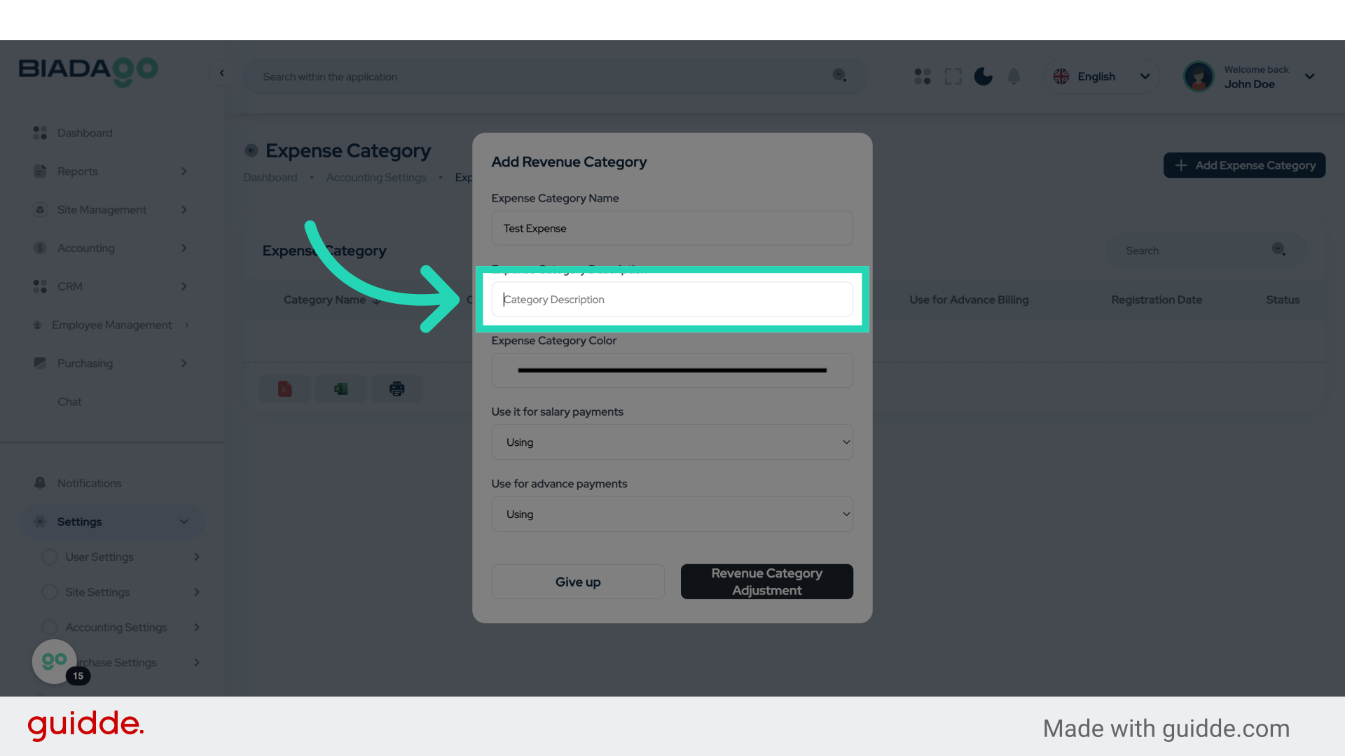 Click 'Expense Category Name'