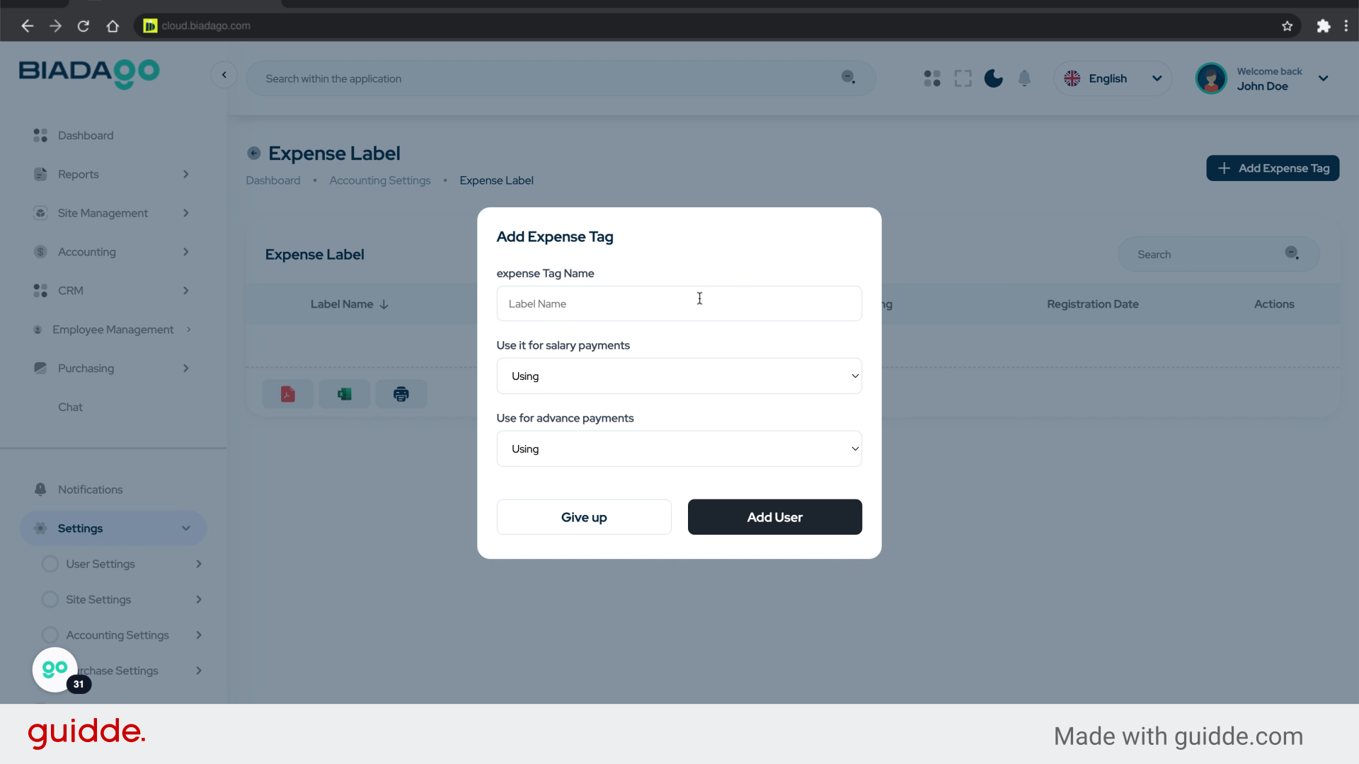 Fill 'Test tag Expense'
