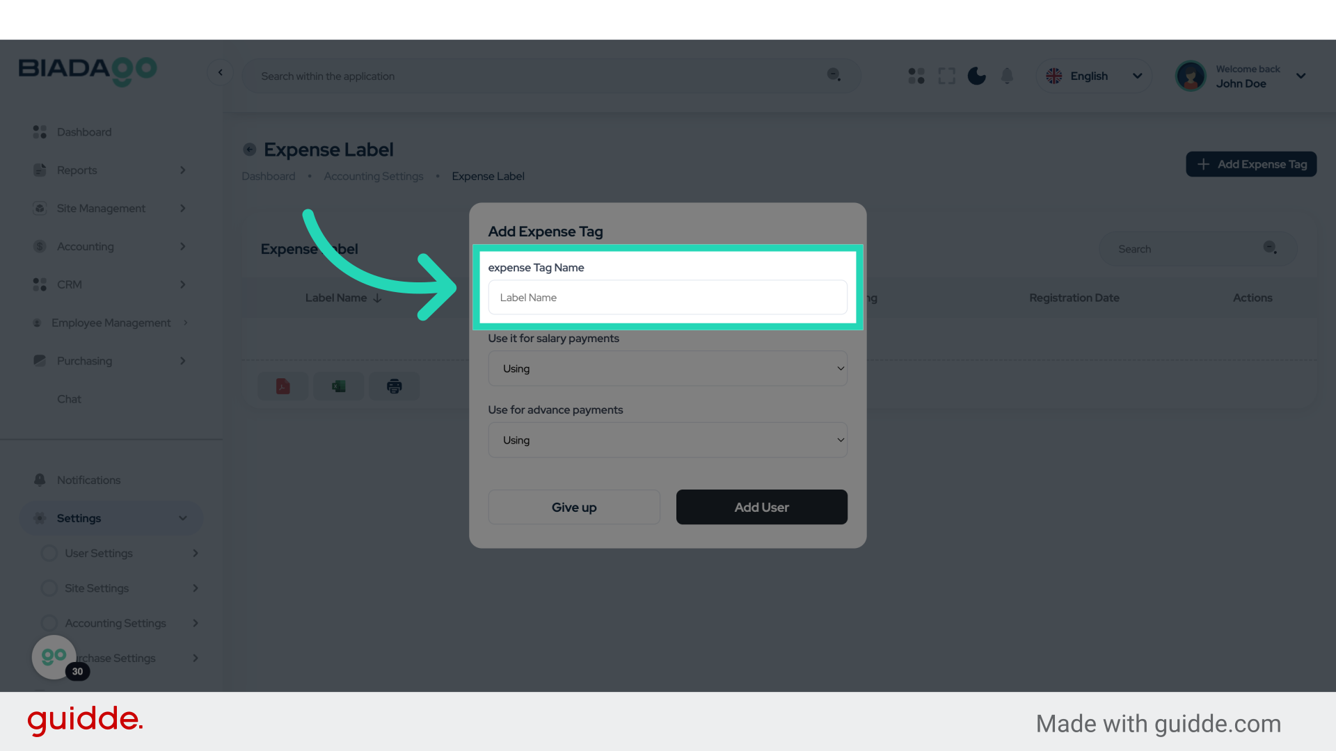 Click 'expense Tag Name'