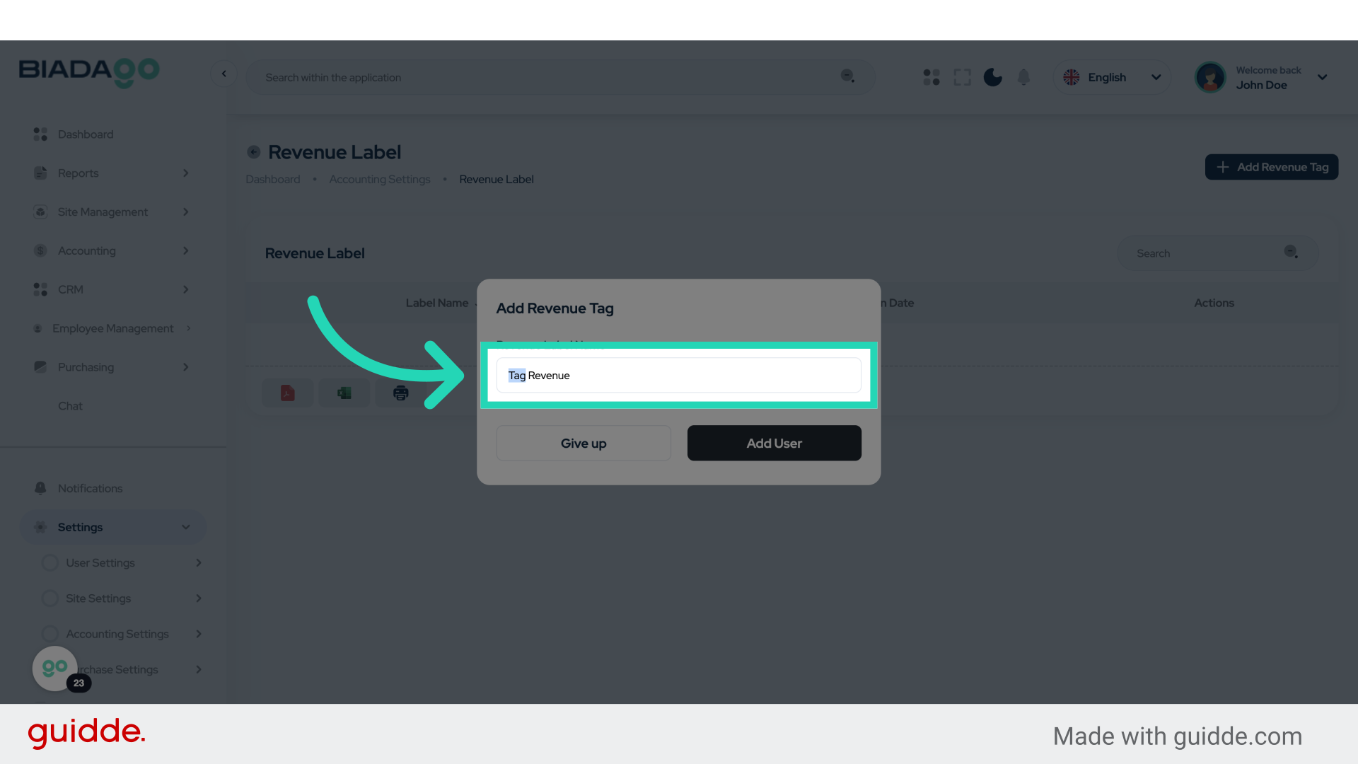 Click 'Revenue Label Name'