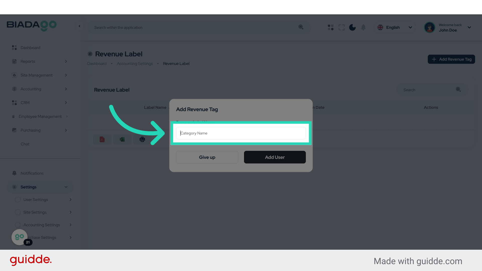 Click 'Revenue Label Name'