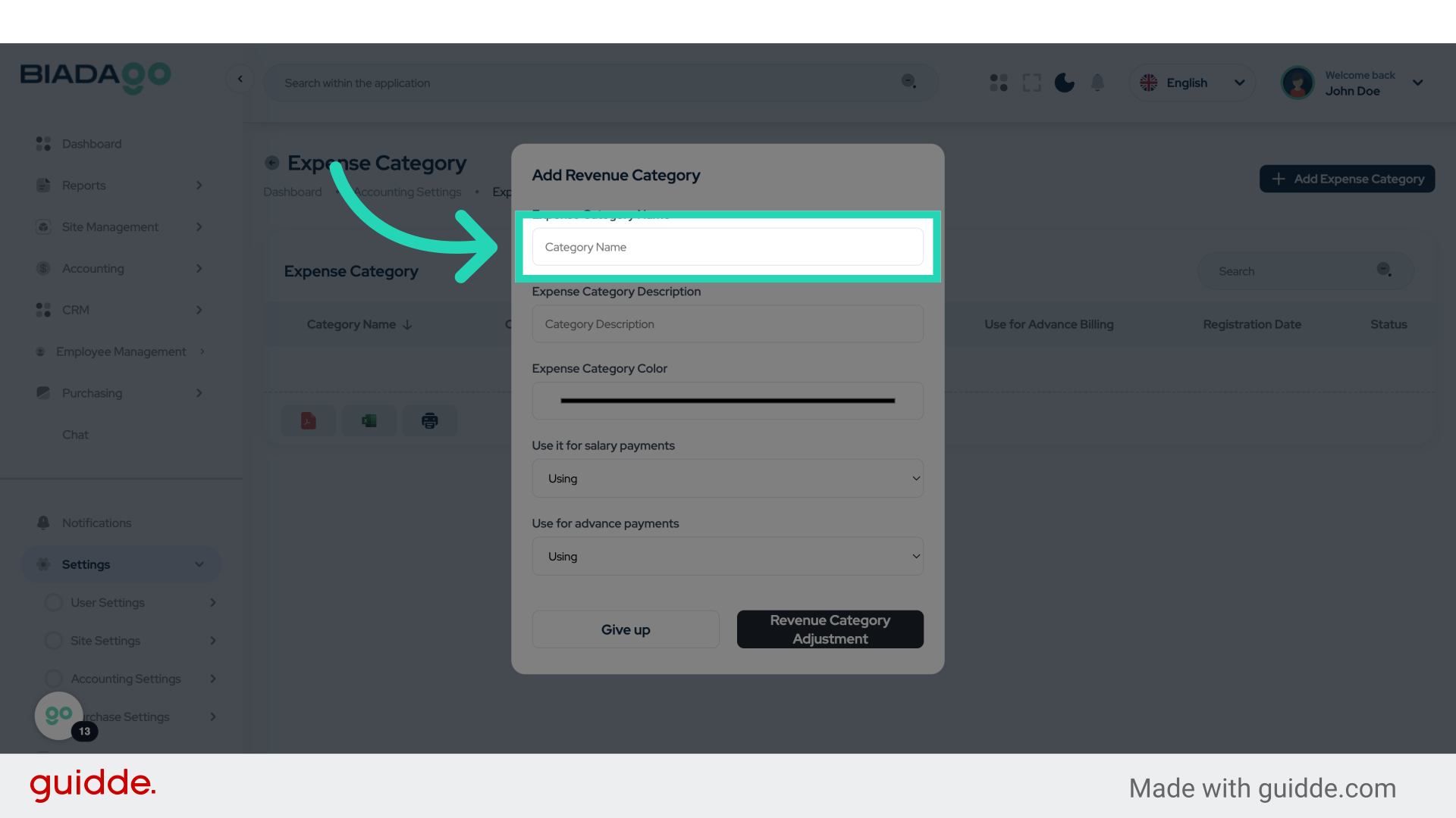 Click 'Expense Category Name'