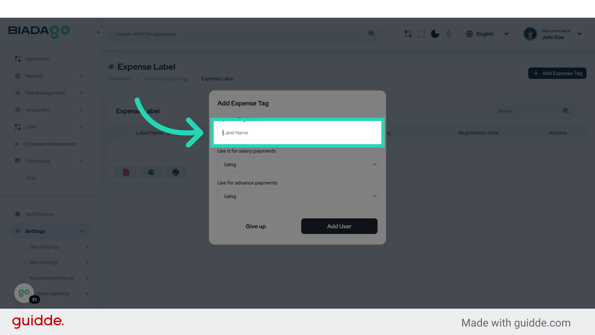 Click 'expense Tag Name'