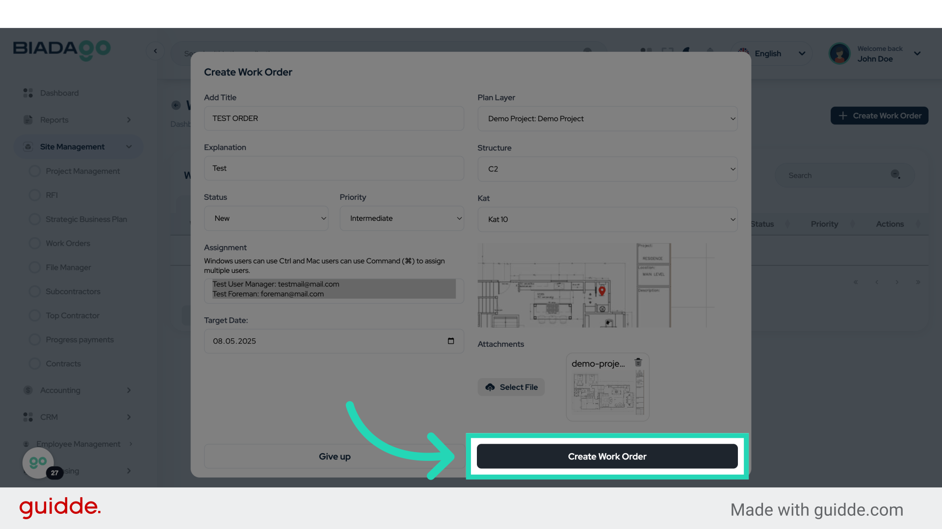 Click 'Create Work Order'