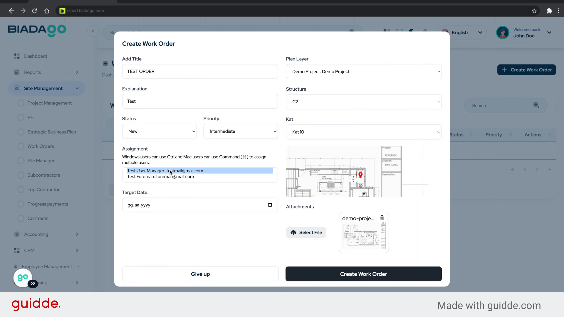 Fill 'Test User Manager: testmail@mail.com Test Foreman: foreman@mail.com'