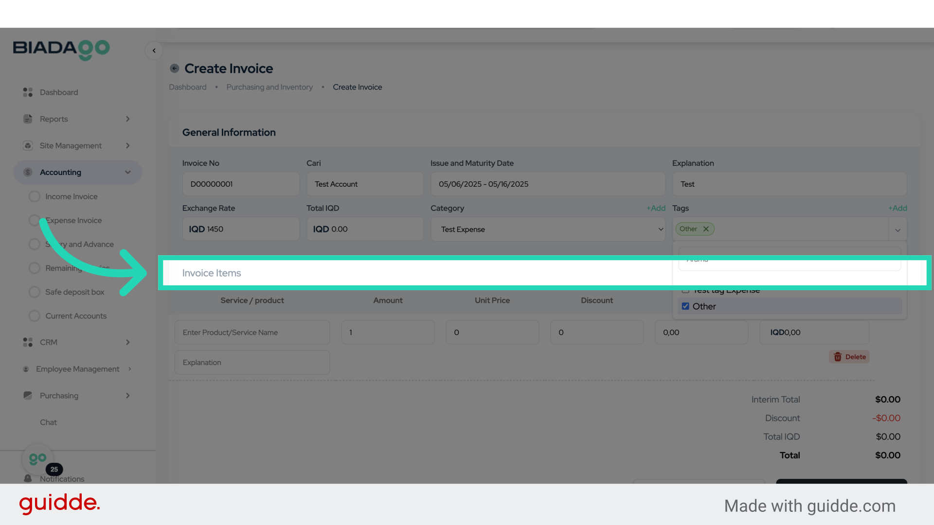 Click 'Invoice Items Add Pen'