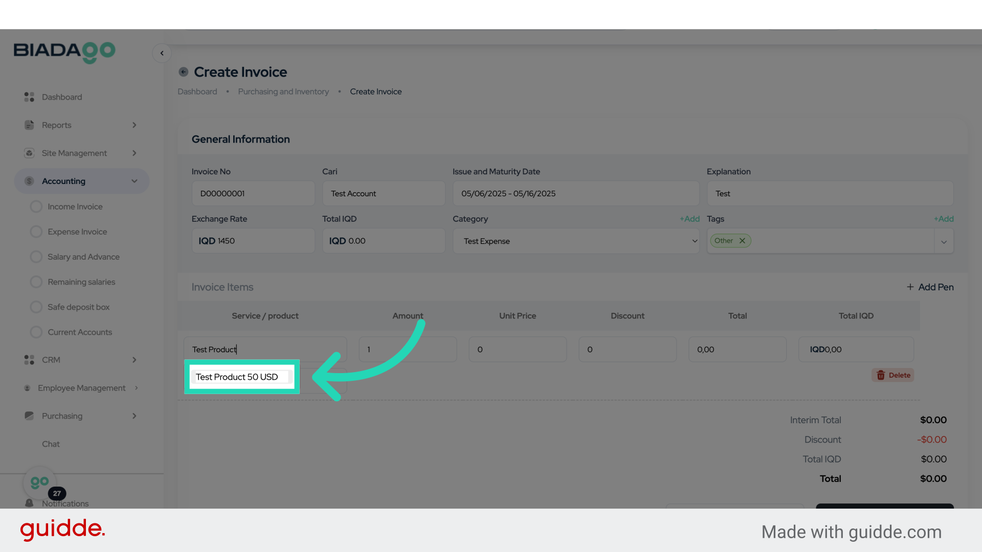 Click 'Test Product 50 USD'