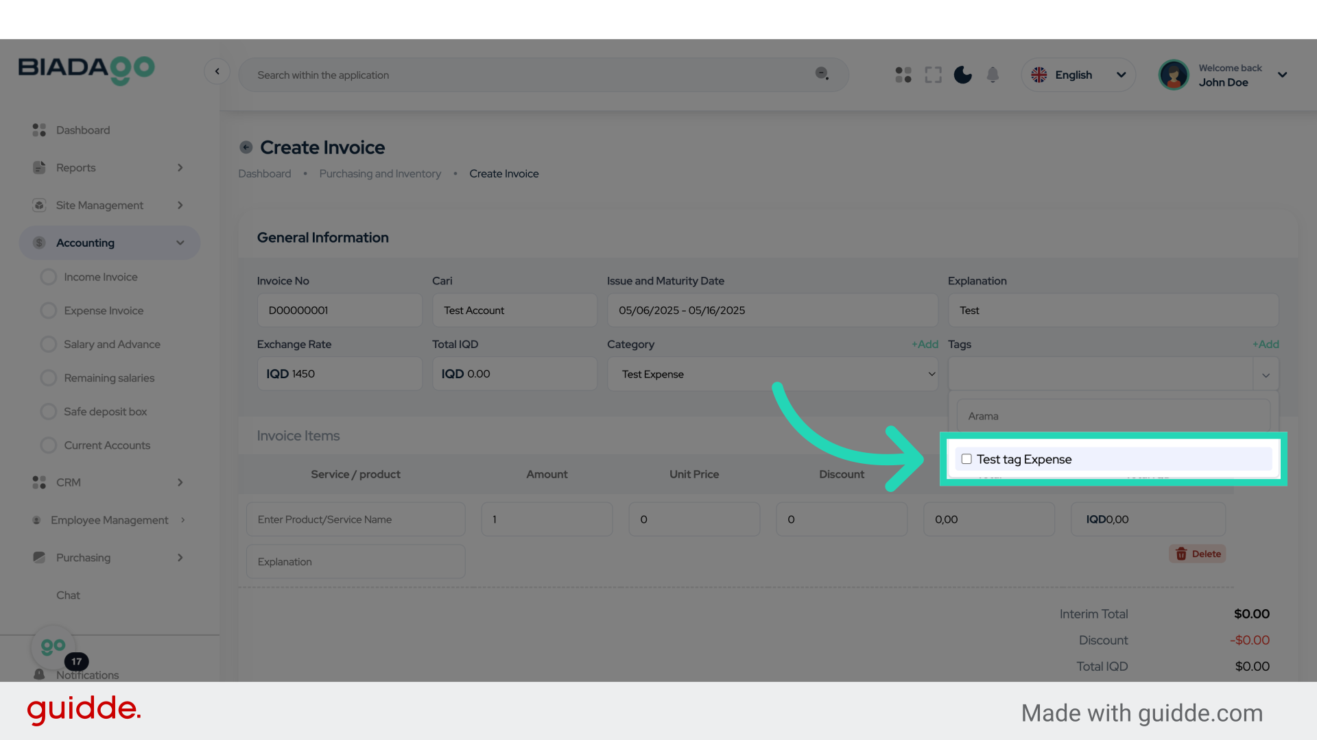 Click 'Test tag Expense'