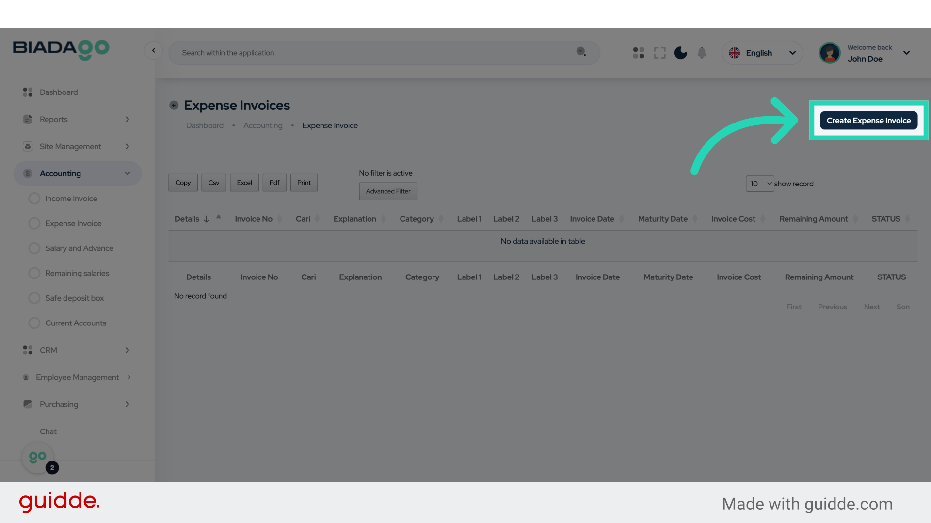Click 'Create Expense Invoice'