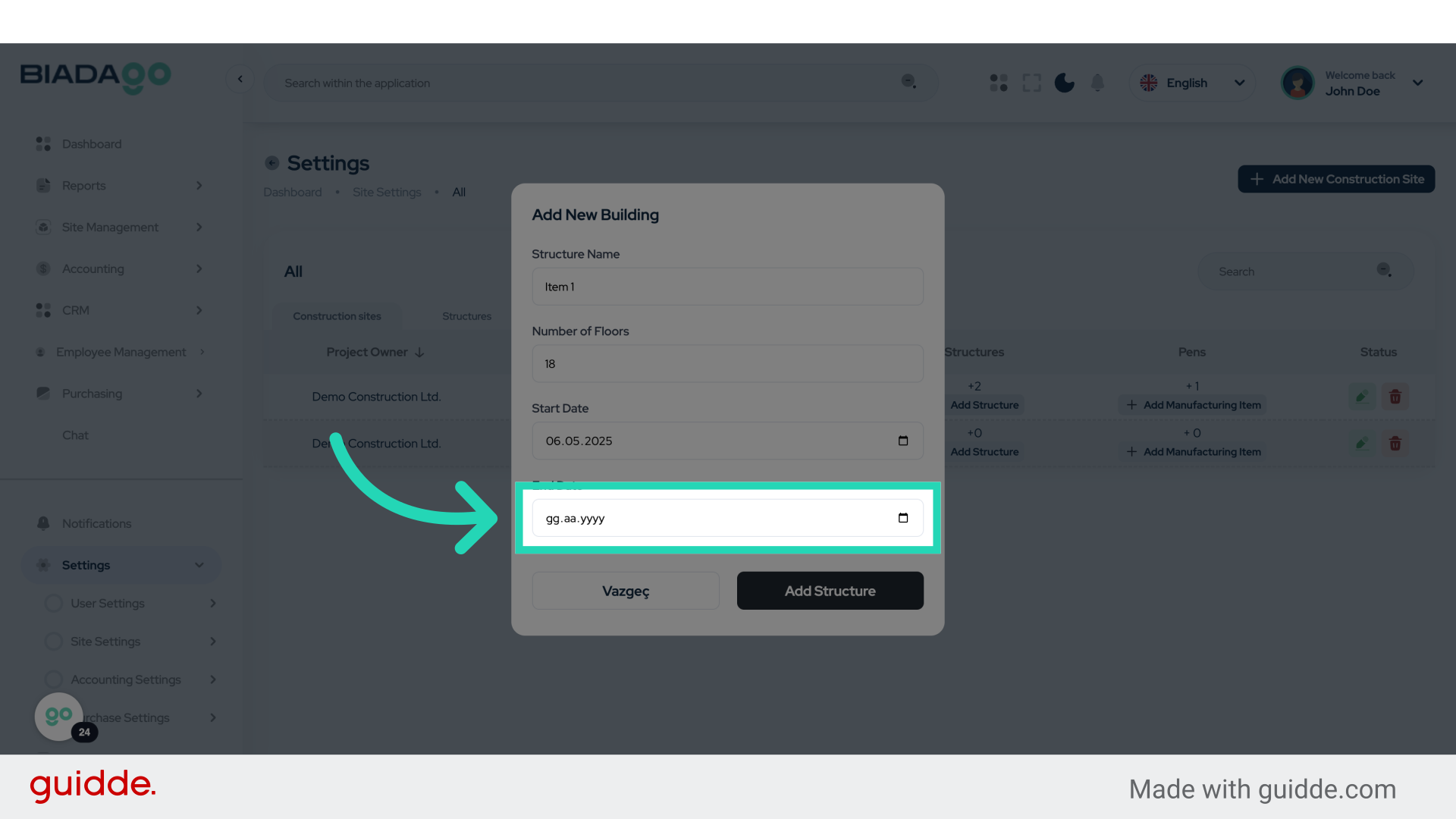 Click 'Project Name'
