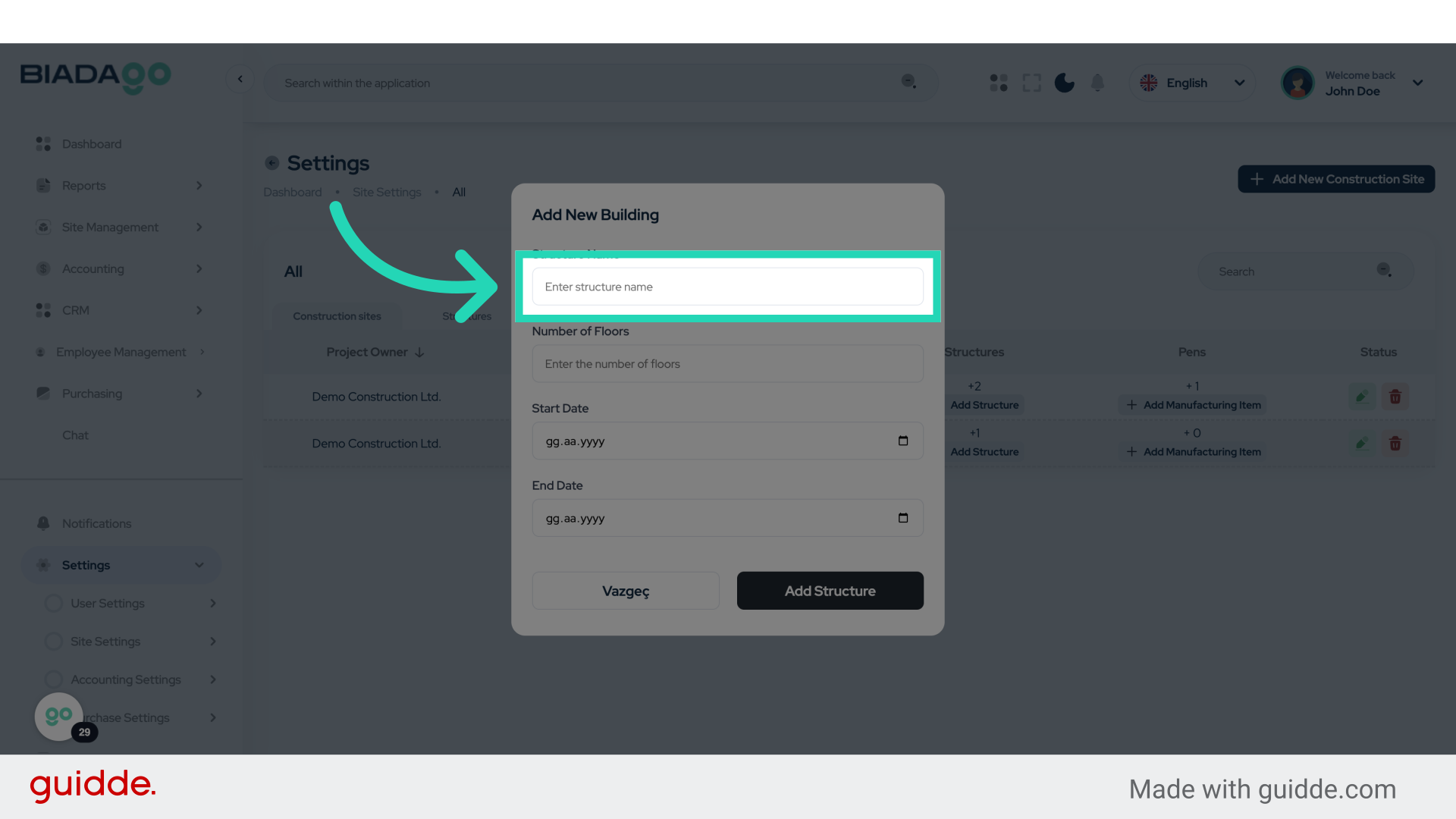 Click 'Project Name'