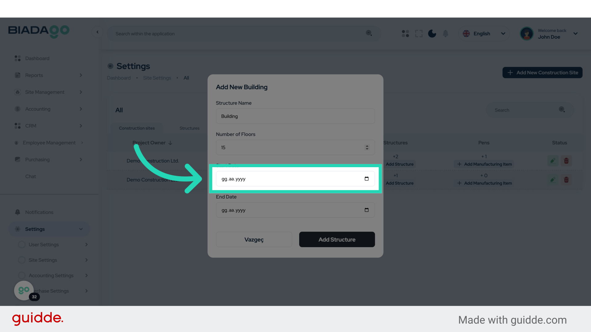 Click 'Project Name'