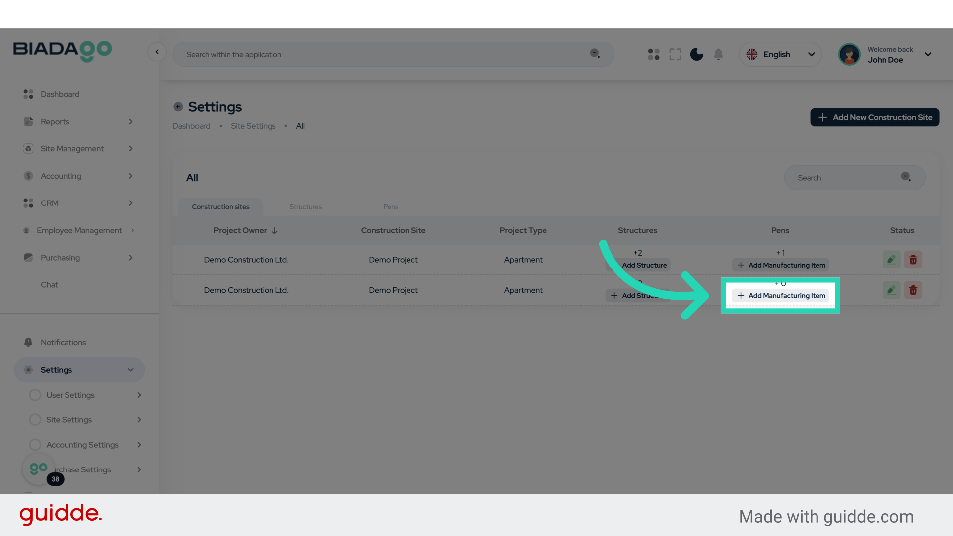 Click 'Add Manufacturing Item'