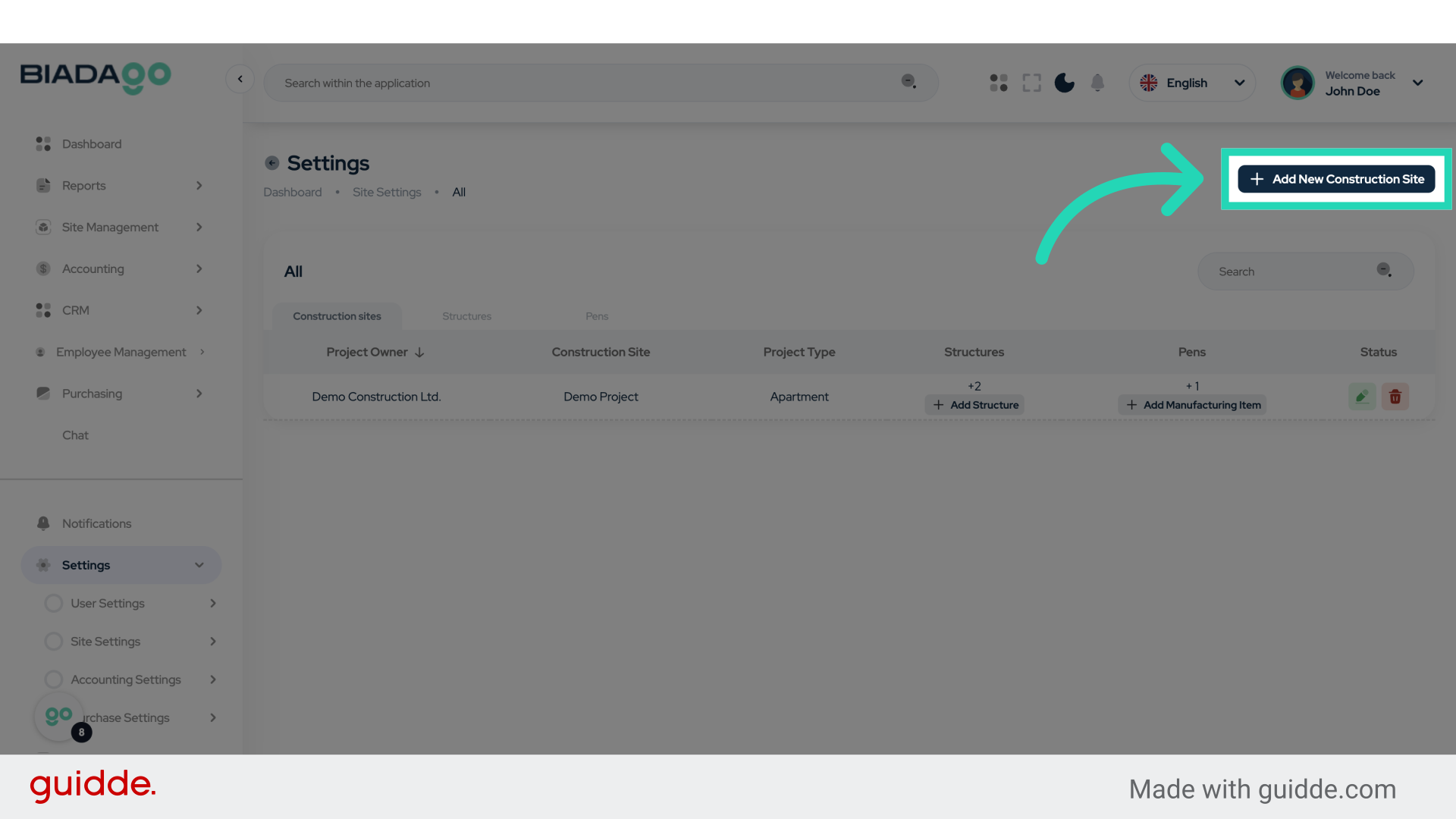 Click 'Add New Construction Site'