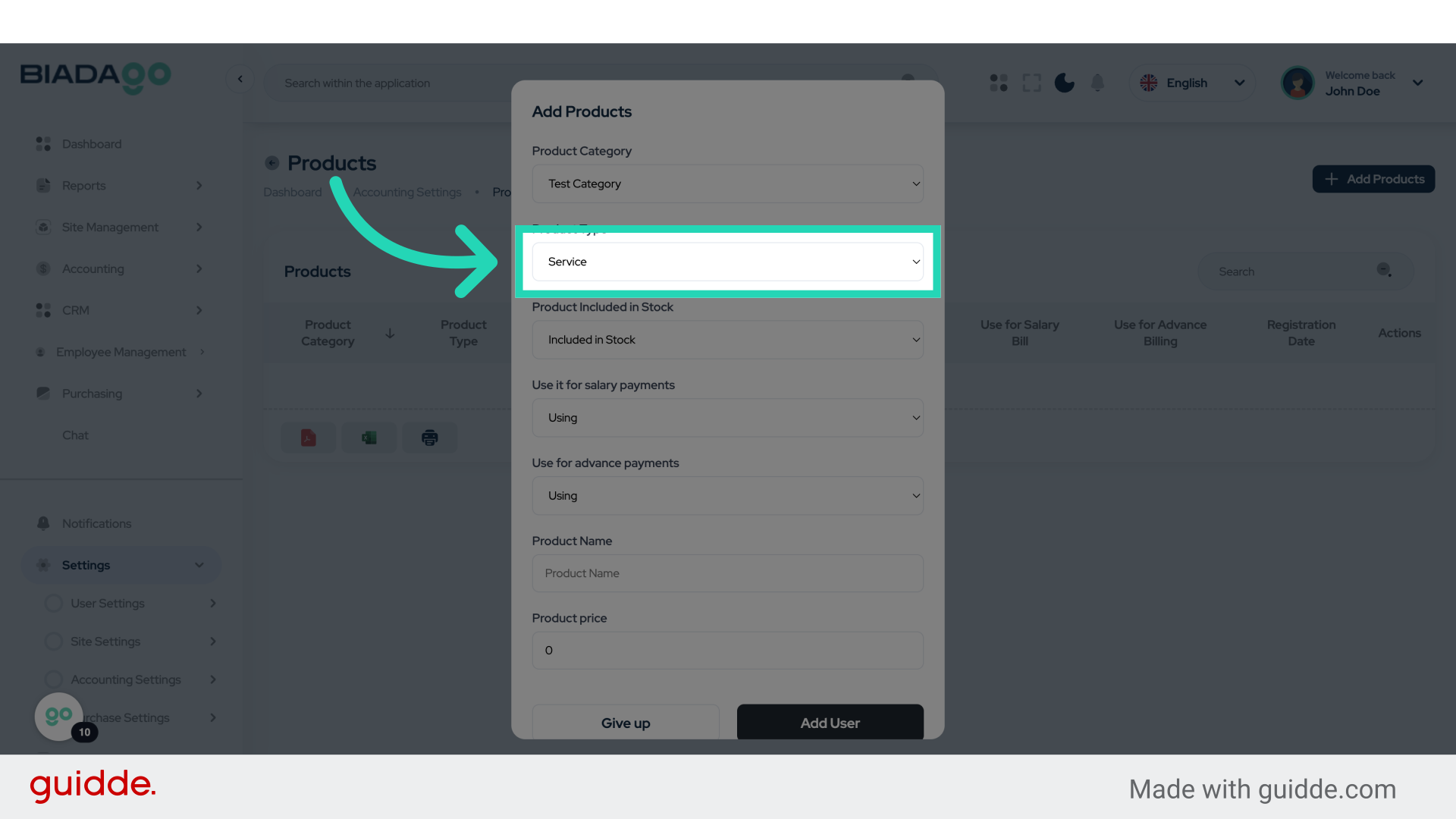 Click 'Service Stock Product'