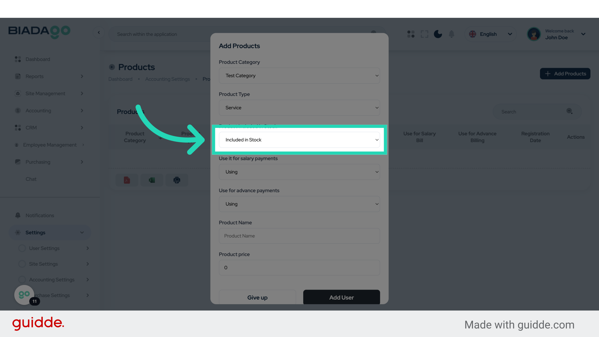 Click 'Included in Stock Not Included in Stock'