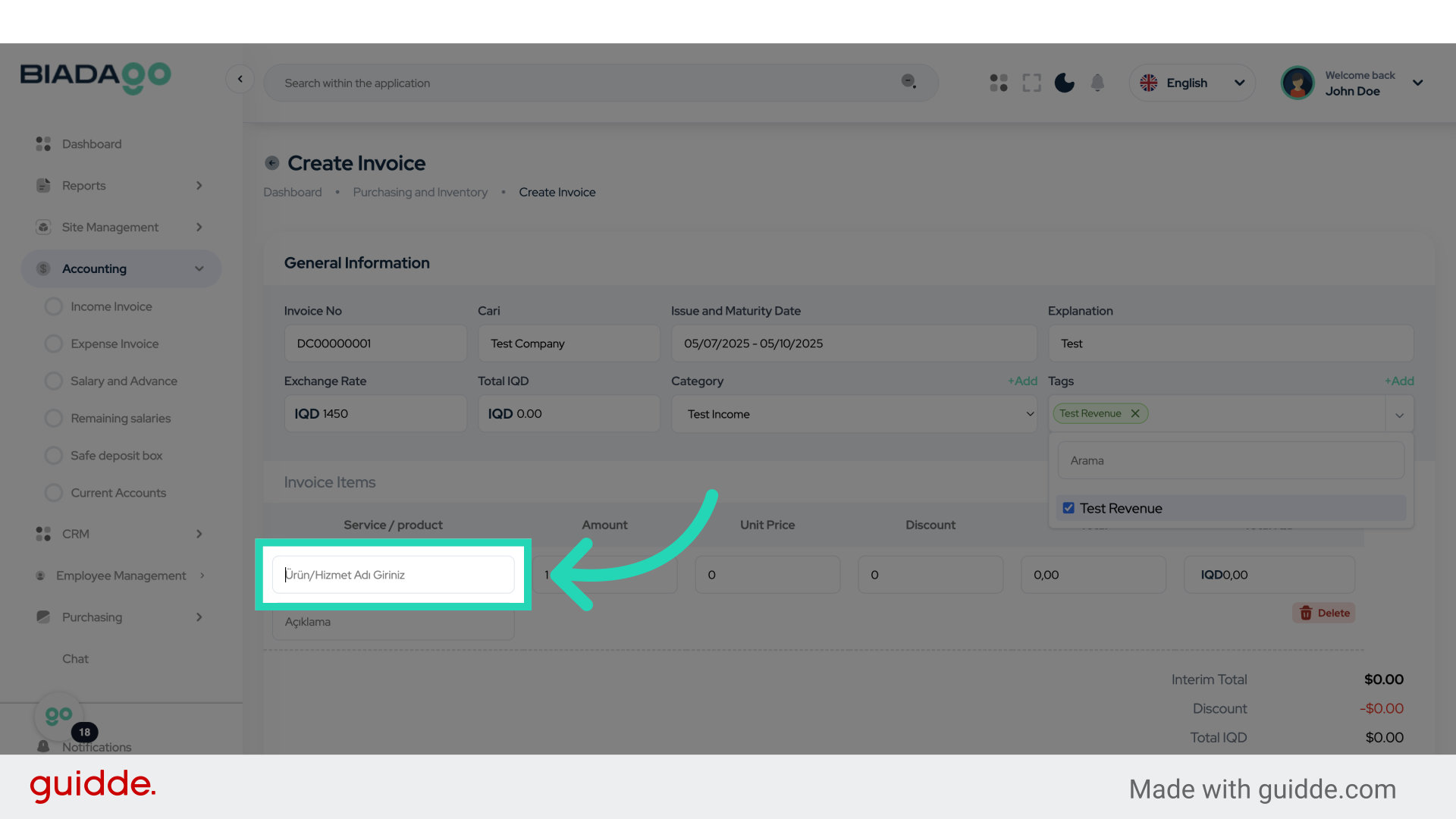 Click 'Ürün/Hizmet Adı Giriniz'