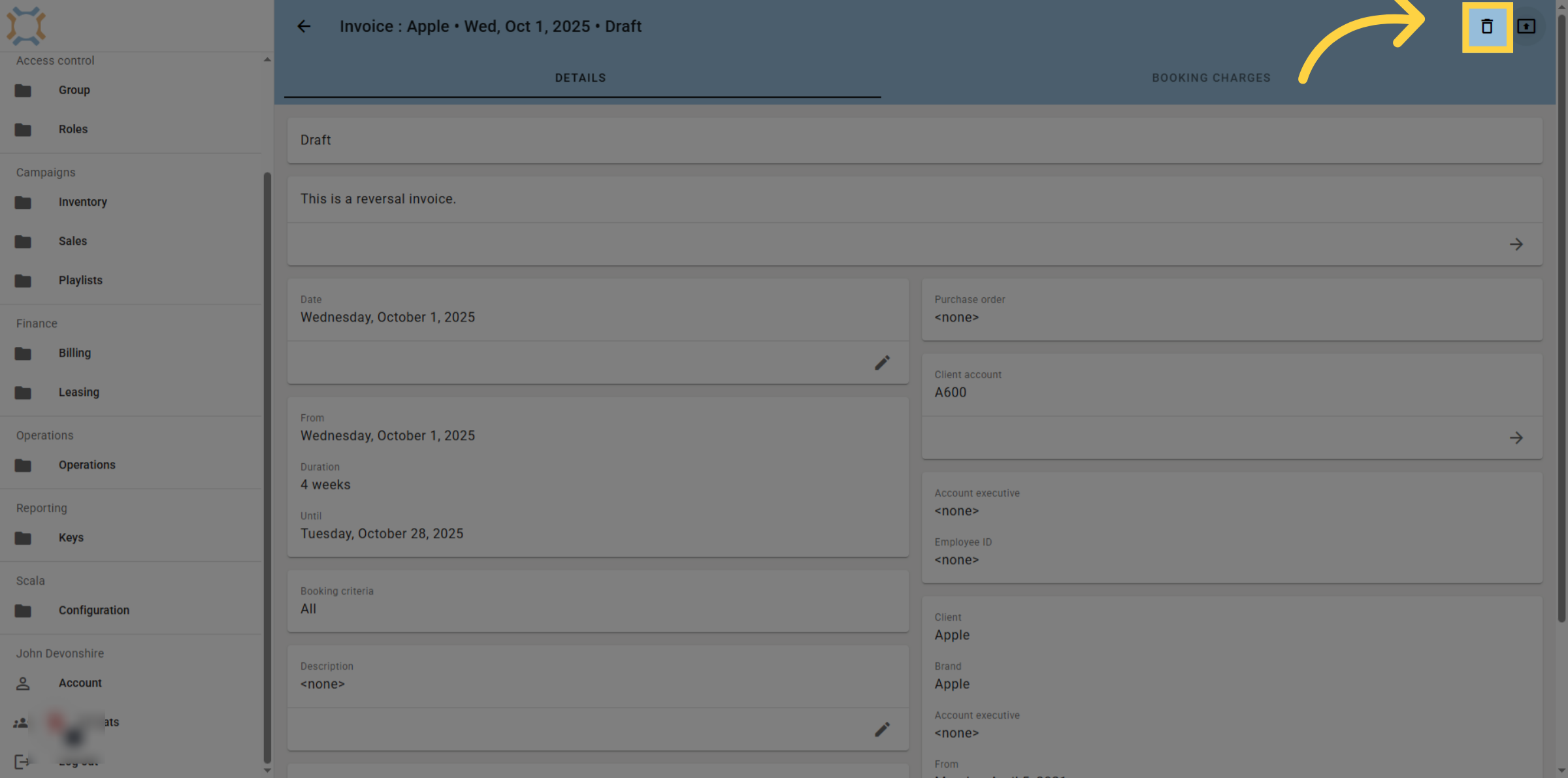 Delete reversal invoice