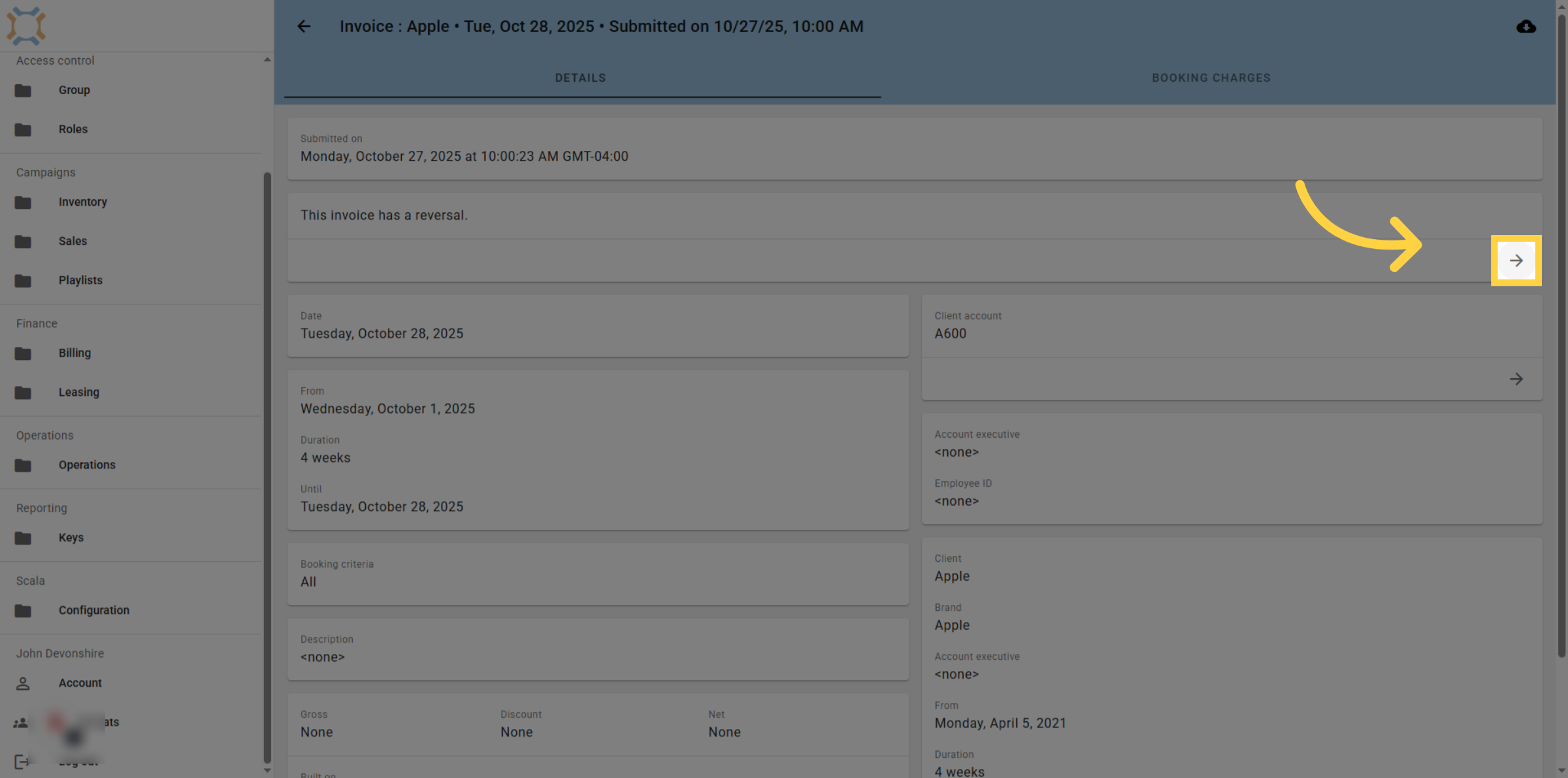 Go to a reversal invoice