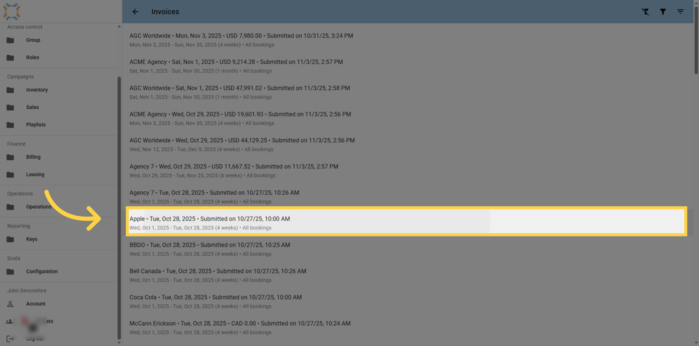 Select Desired Invoice