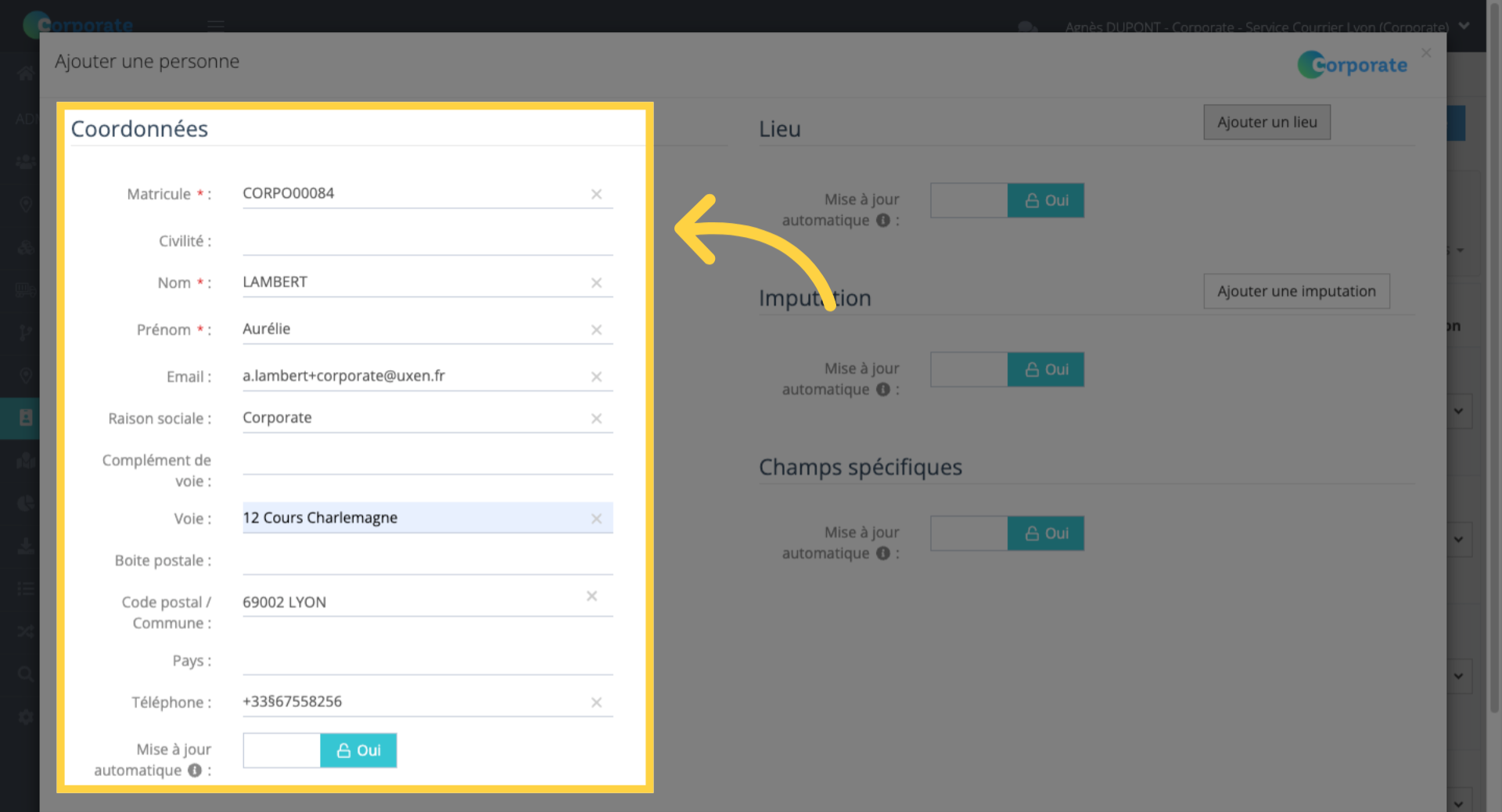Renseigner les coordonnées de la personne