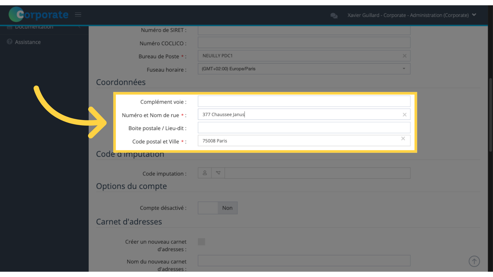 Coordonnées de l'utilisateur