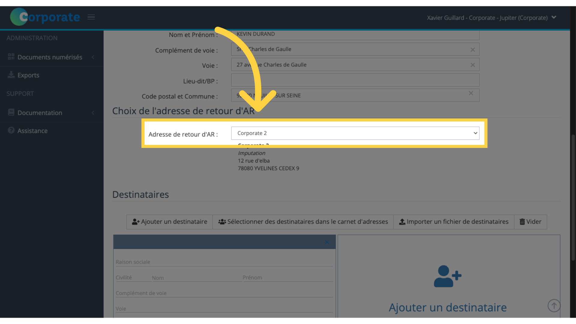 Choix de l'adresse de retour d'AR
