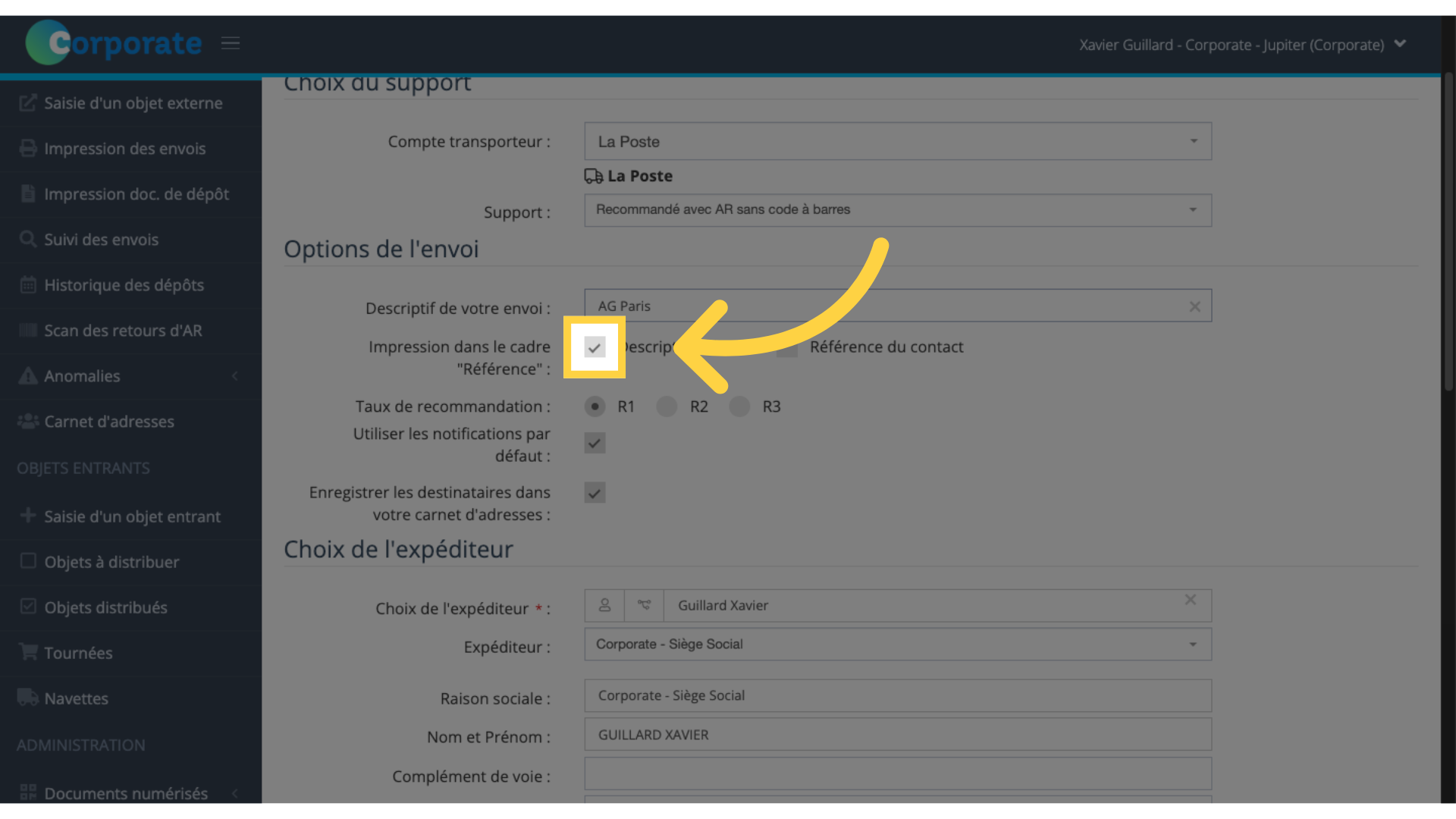 Options de l'envoi - 2