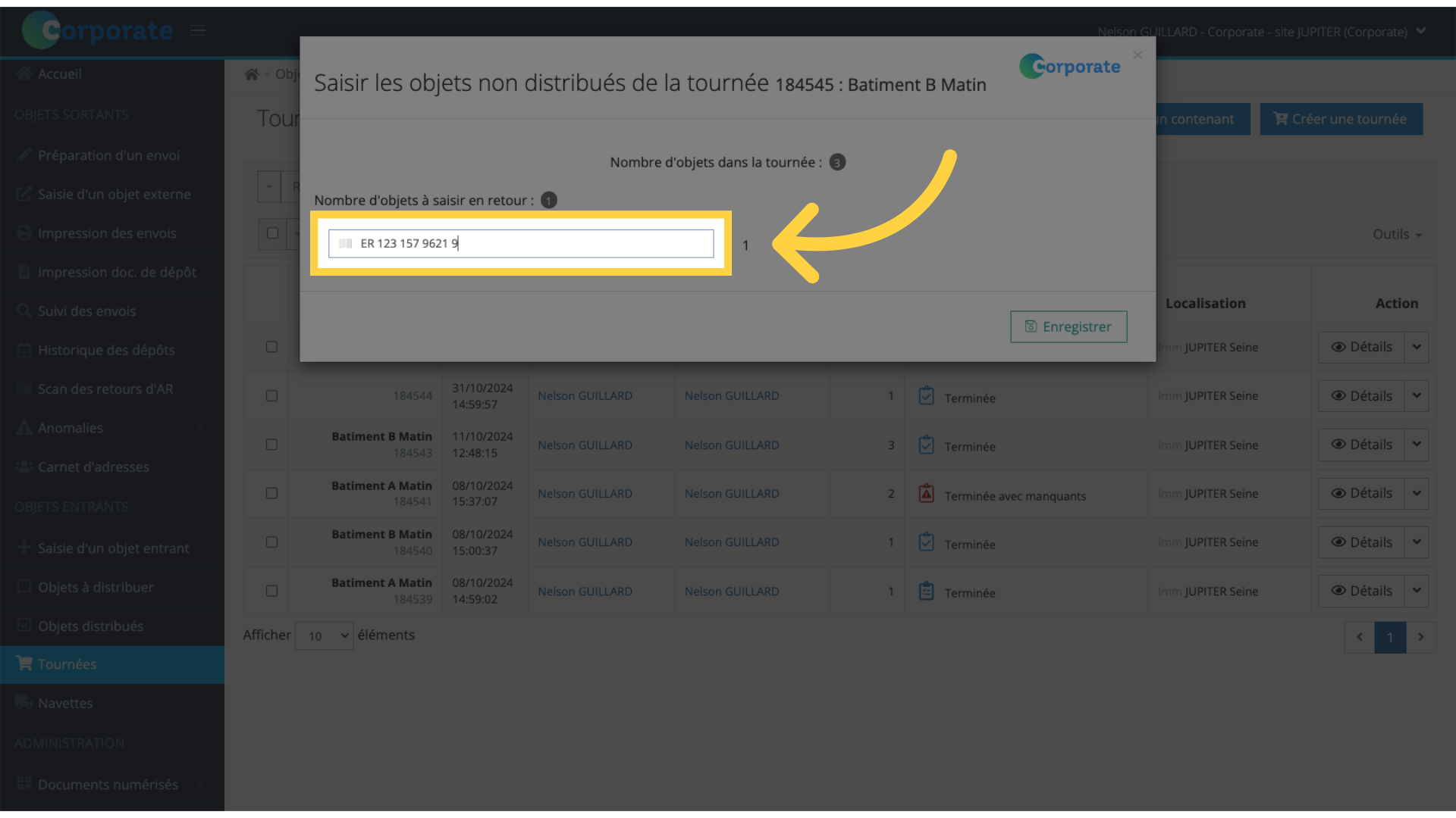 Entrez les numéros des objets non distribués