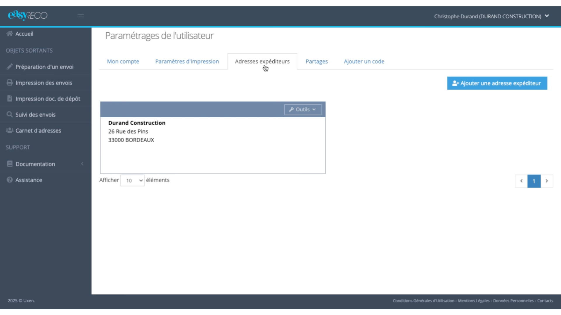 Modifier une adresse Expéditeur