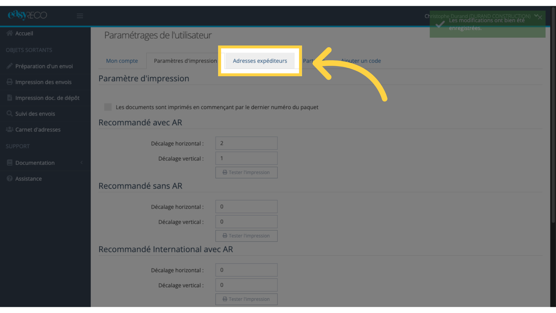 Gestion des Adresses expéditeurs